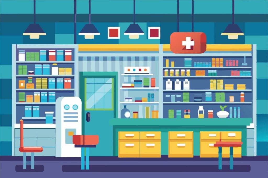 a-cartoon-illustration-depicting-the-interior-of-a-modern-pharmacy-with-shelves-filled-with-various-medications-a-counter-and-a-waiting-area-free-vector