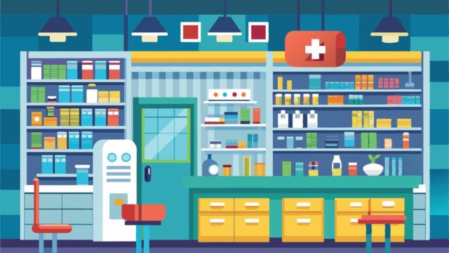 a-cartoon-illustration-depicting-the-interior-of-a-modern-pharmacy-with-shelves-filled-with-various-medications-a-counter-and-a-waiting-area-free-vector